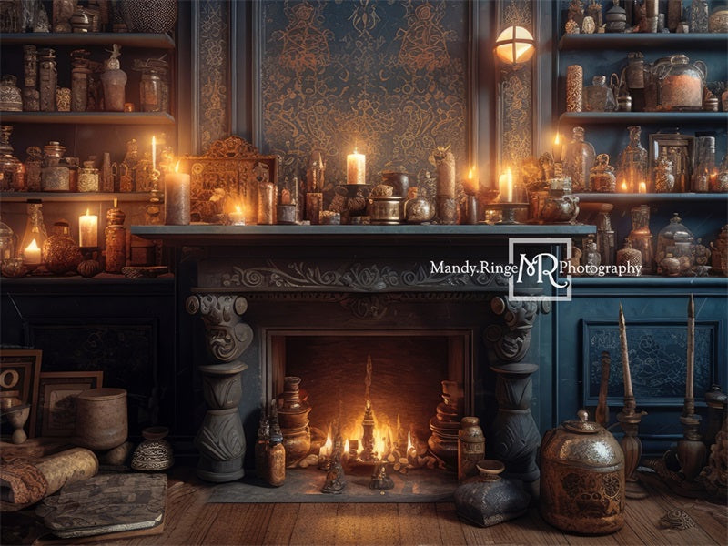 Kate Wizard Fireplace Room with Potions Backdrop Designed by Mandy Ringe Photography