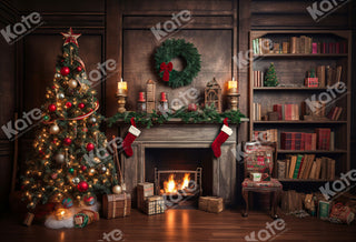 Kate Retro Christmas Tree Fireplace Santa Warm House Book Printed Backdrop for Photography