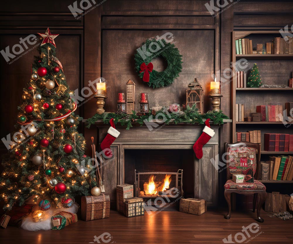 Kate Retro Christmas Tree Fireplace Santa Warm House Book Fleece Backdrop for Photography