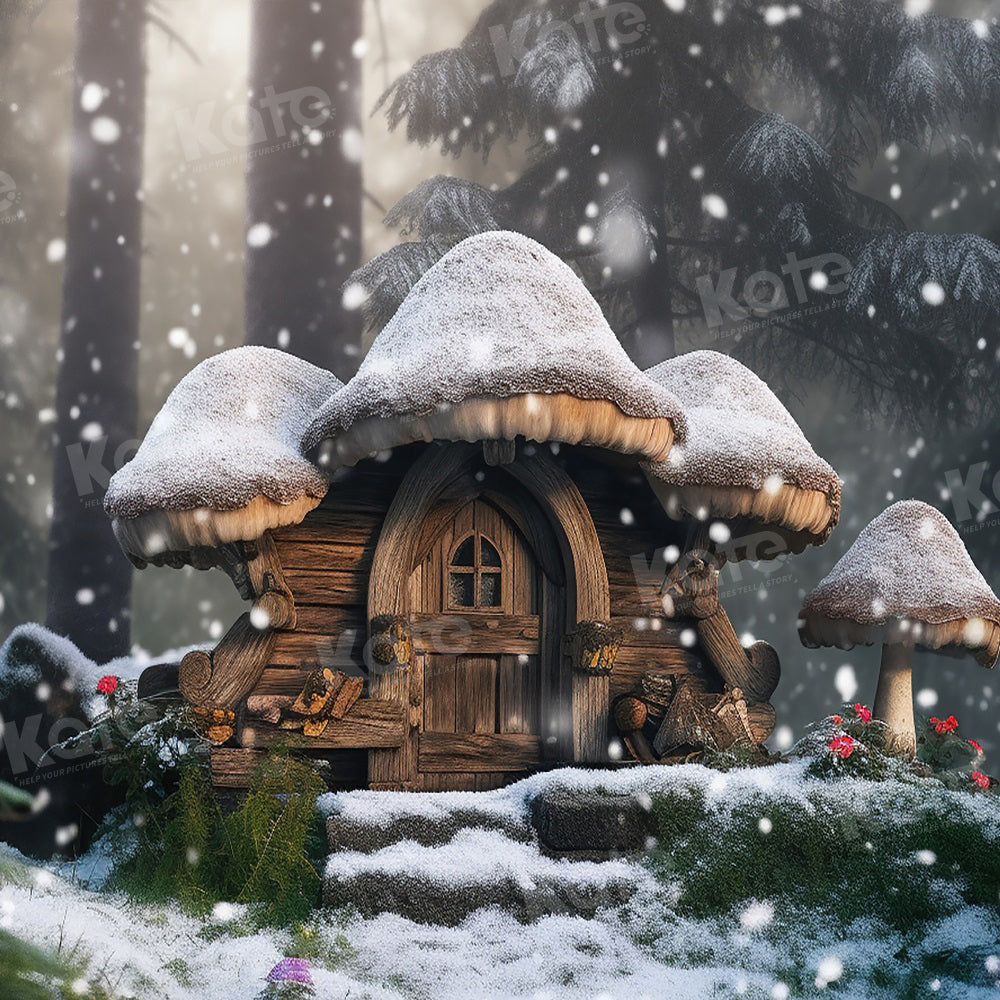 Kate Winter Snowing Mushroom House Backdrop for Photography