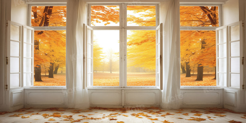Kate Autumn Window Leaf Golden Forest Backdrop Designed by Chain Photography