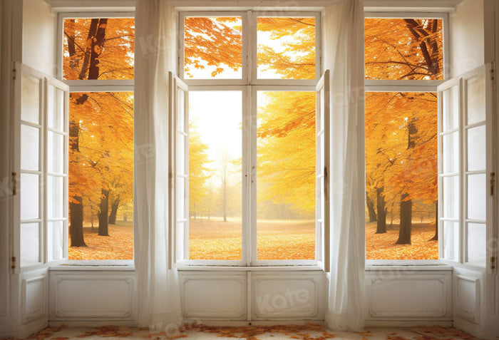 Golden Autumn Window Forest Backdrop