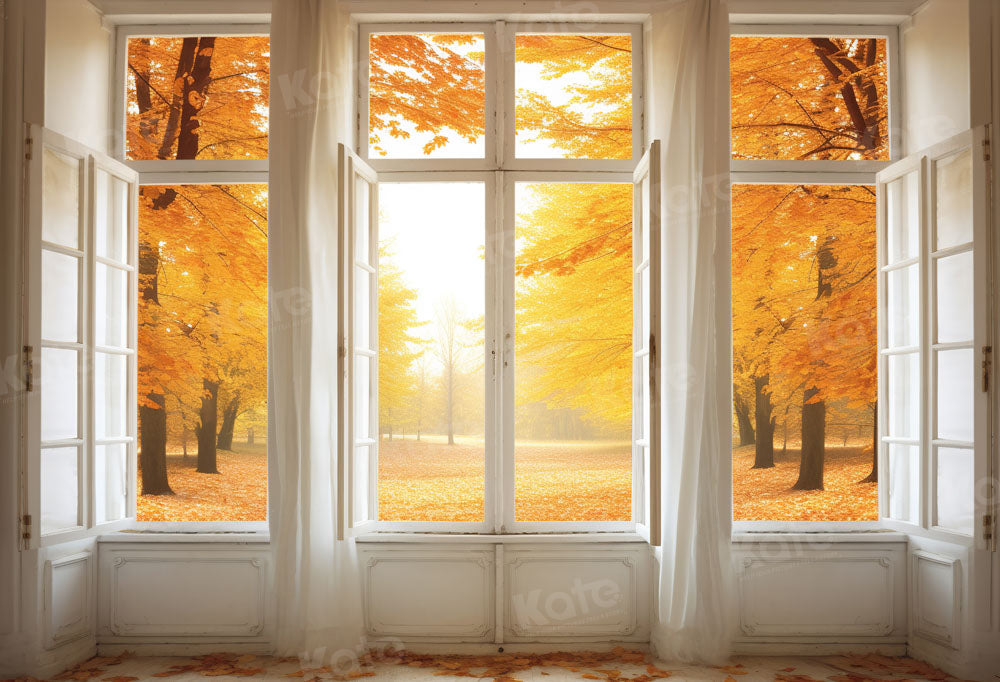 Kate Autumn Window Leaf Golden Forest Backdrop Designed by Chain Photo