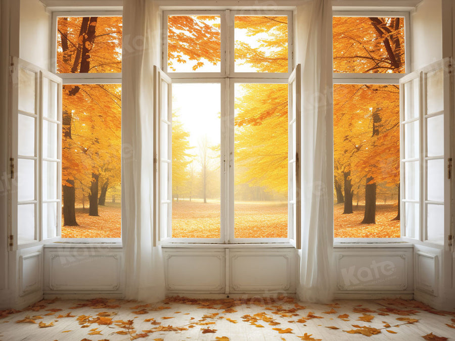 Golden Autumn Window Forest Backdrop