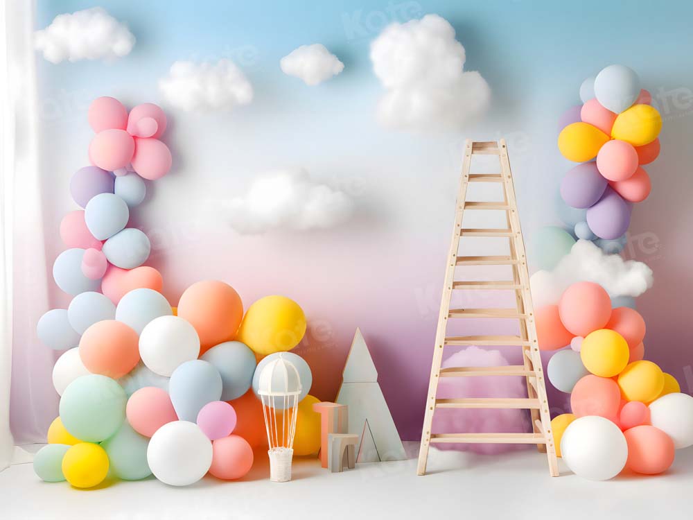 Kate Cloud Cake Smash Balloon Birthday Ladder Backdrop Designed by Chain Photography