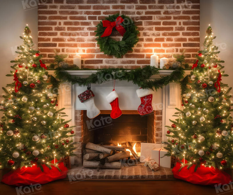 Kate Christmas Fireplace Socks Tree Backdrop for Photography