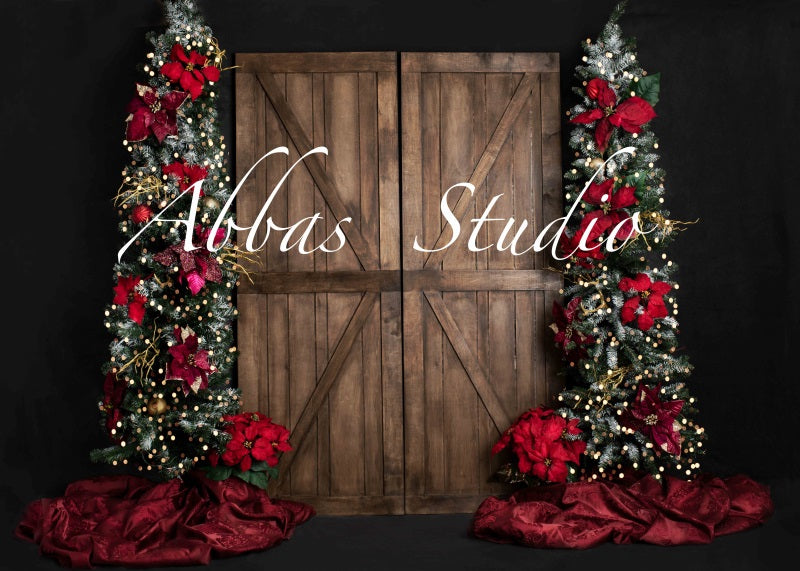 Kate Christmas Barn Door With Red Tree Backdrop Designed by Abbas Studio
