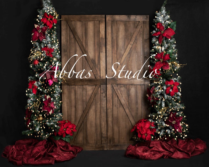 Kate Christmas Barn Door With Red Tree Backdrop Designed by Abbas Studio