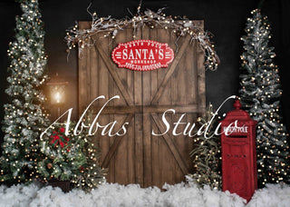 Kate Christmas Santa's Workshop Door With Lights Printed Backdrop Designed by Abbas Studio