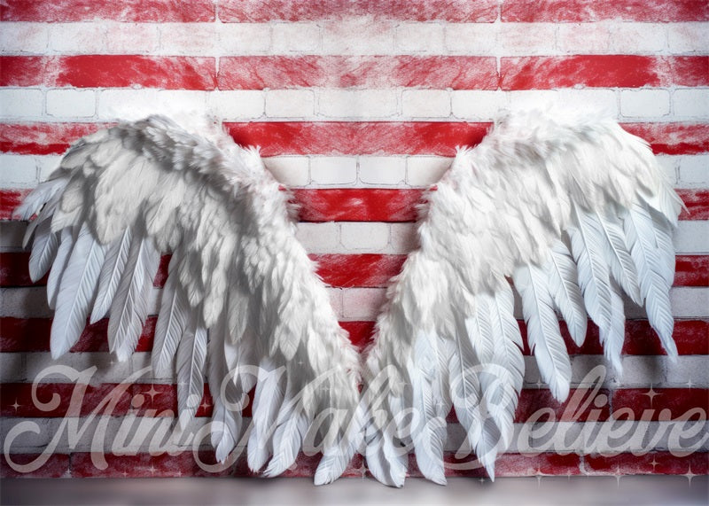 Kate Red and White Brick Wall with Stripe Angel Wings Backdrop Designed by Mini MakeBelieve
