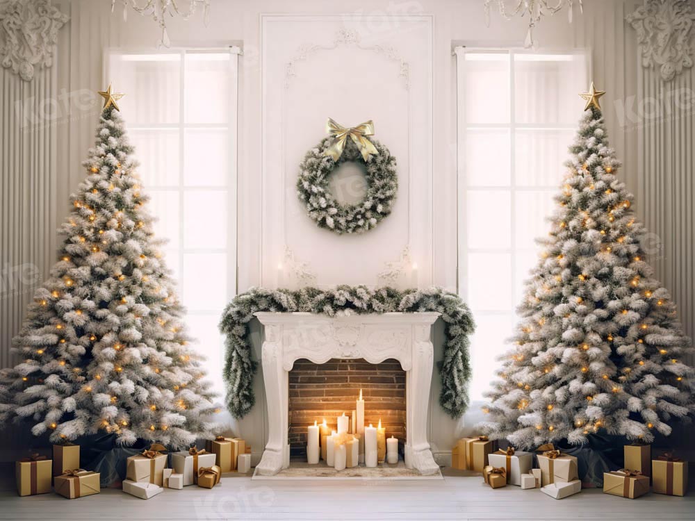 Kate Christmas Elegant Fireplace Tree Window Backdrop Designed by Chain Photography