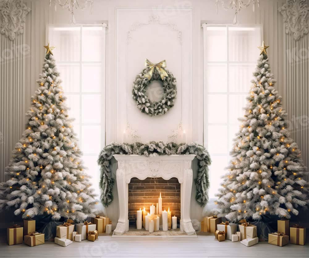 Kate Christmas Elegant Fireplace Tree Window Backdrop Designed by Chain Photography