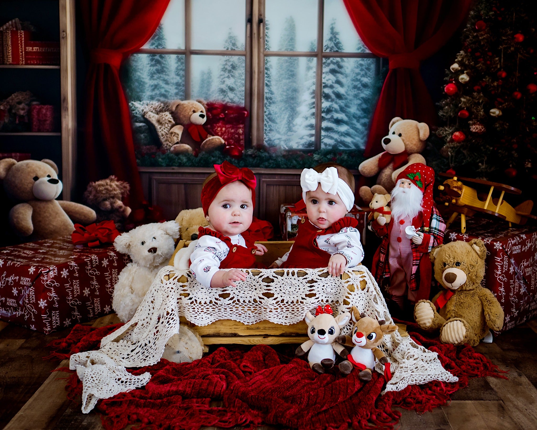 Kate Christmas Room Teddy Bear Windows Backdrop Designed by Chain Photography