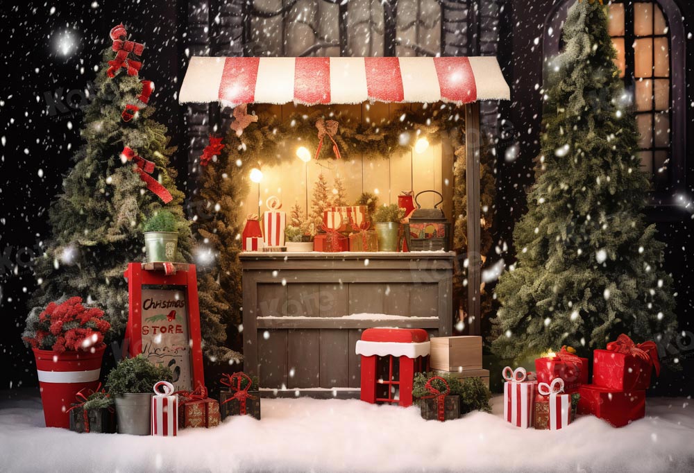 Kate Christmas Snowy Night Shop Cart Tree Backdrop Designed by Chain Photography