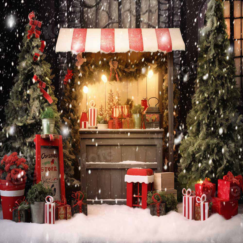 Kerst Sneeuw Nacht Winkel Winkelwagen Boom Foto Achtergrond Ontworpen door Chain Photography