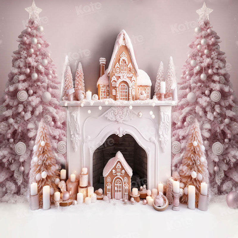 Kate Christmas Pink Tree Fireplace Gingerbread House Backdrop for Photography
