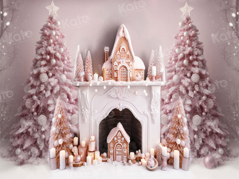 Kate Christmas Pink Tree Fireplace Gingerbread House Backdrop for Photography