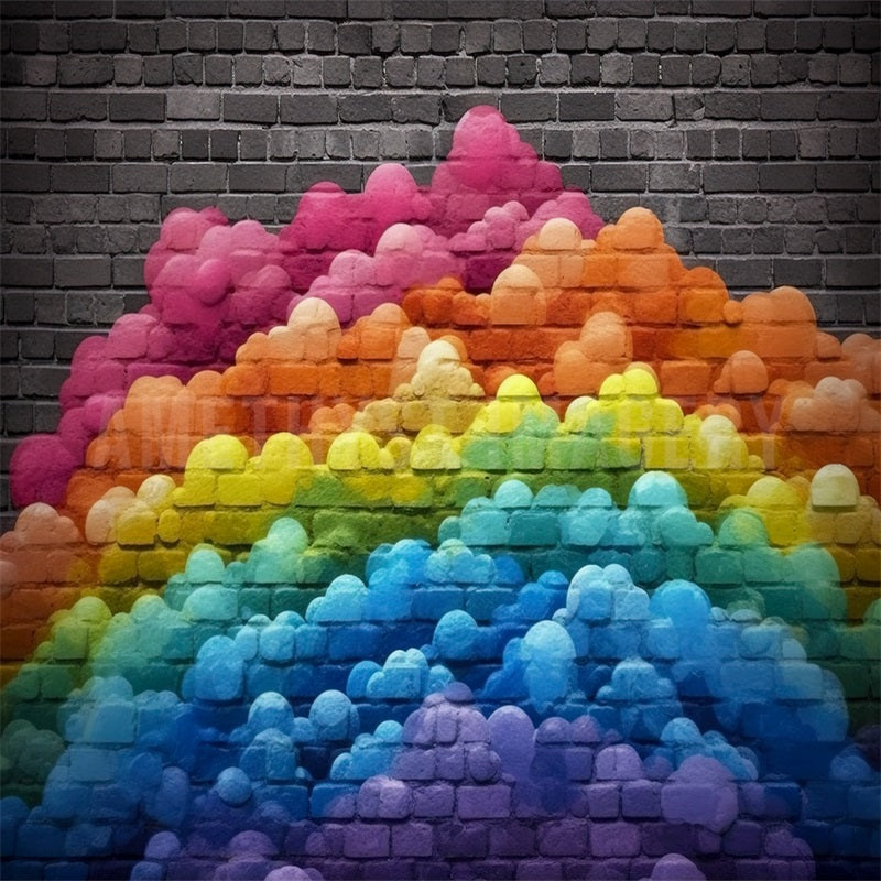 Kate Brick wall with Rainbow Painted Clouds Backdrop Designed by Angela Miller