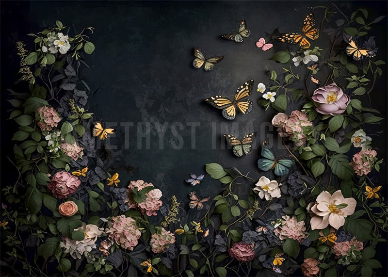 Kate Dark Floral Butterflies Backdrop Designed by Angela Miller