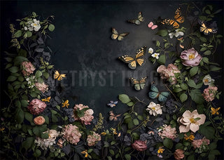Kate Dark Floral Butterflies Printed Backdrop Designed by Angela Miller