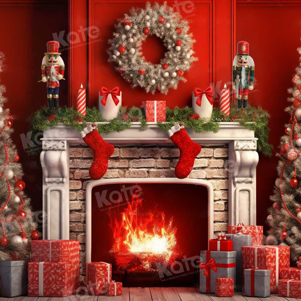 Kate Christmas Red Fireplace Tree Backdrop Designed by Chain Photography