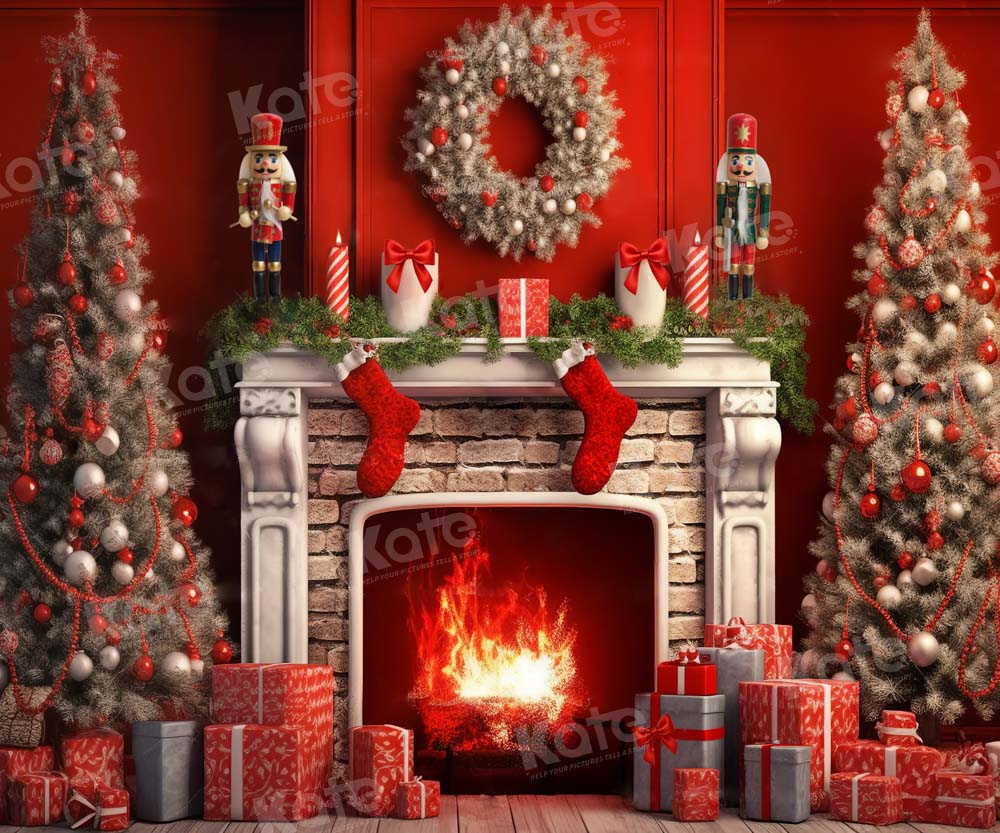 Kate Christmas Red Fireplace Tree Backdrop Designed by Chain Photography
