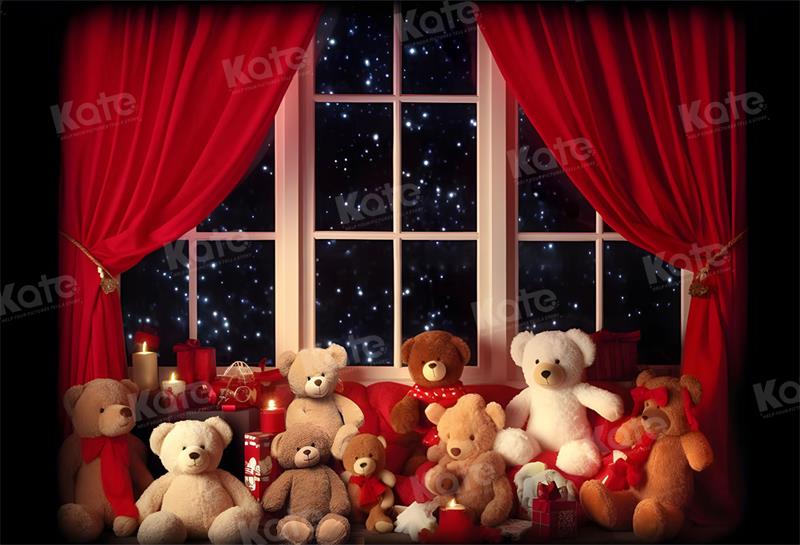 Kate Christmas Eve Window Teddy Bear Backdrop for Photography