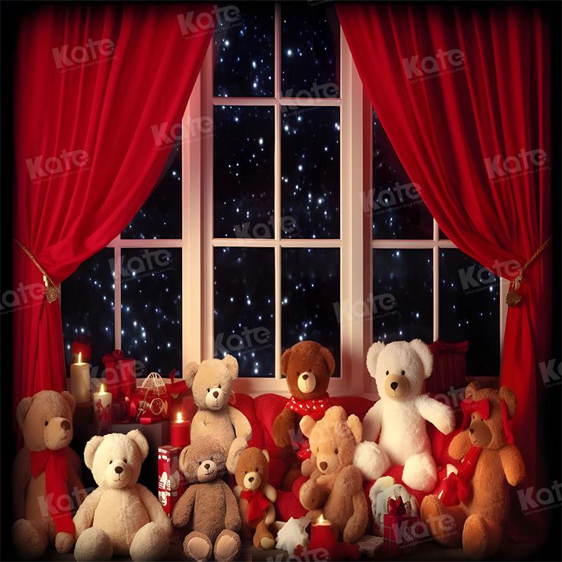 Kate Christmas Eve Window Teddy Bear Backdrop for Photography