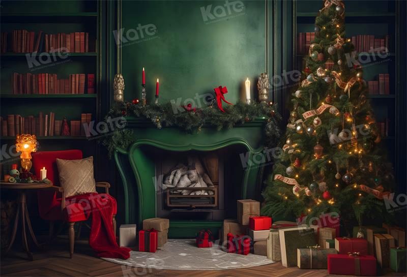 Kate Christmas Room Green Fireplace Tree Backdrop for Photography