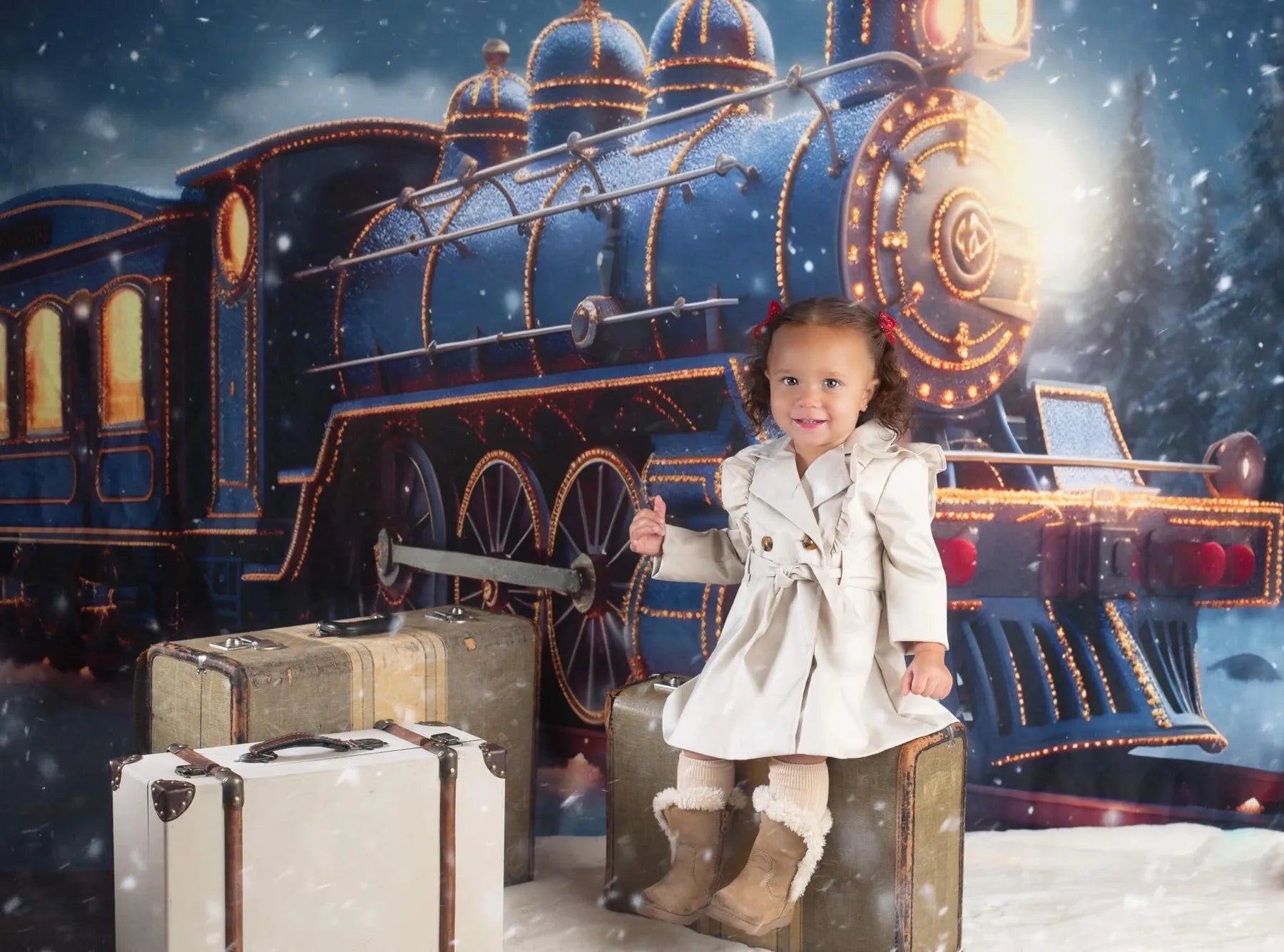 Kate Christmas Light Train in Snowy Night Backdrop for Photography