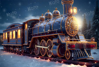 Kate Christmas Light Train in Snowy Night Printed Backdrop for Photography