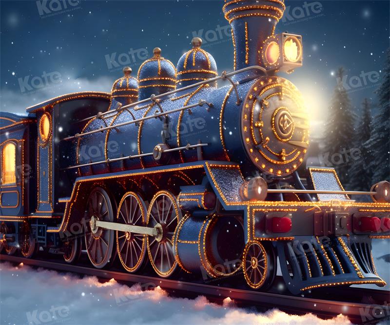 Kate Christmas Light Train in Snowy Night Backdrop for Photography