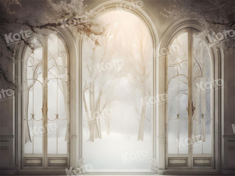 Winter Snowy Tree Path Window Backdrop voor Fotografie