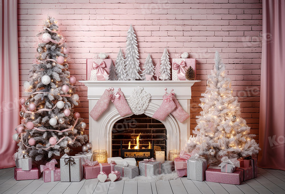 Kate Christmas Pink Room Fireplace Tree Wall Backdrop for Photography