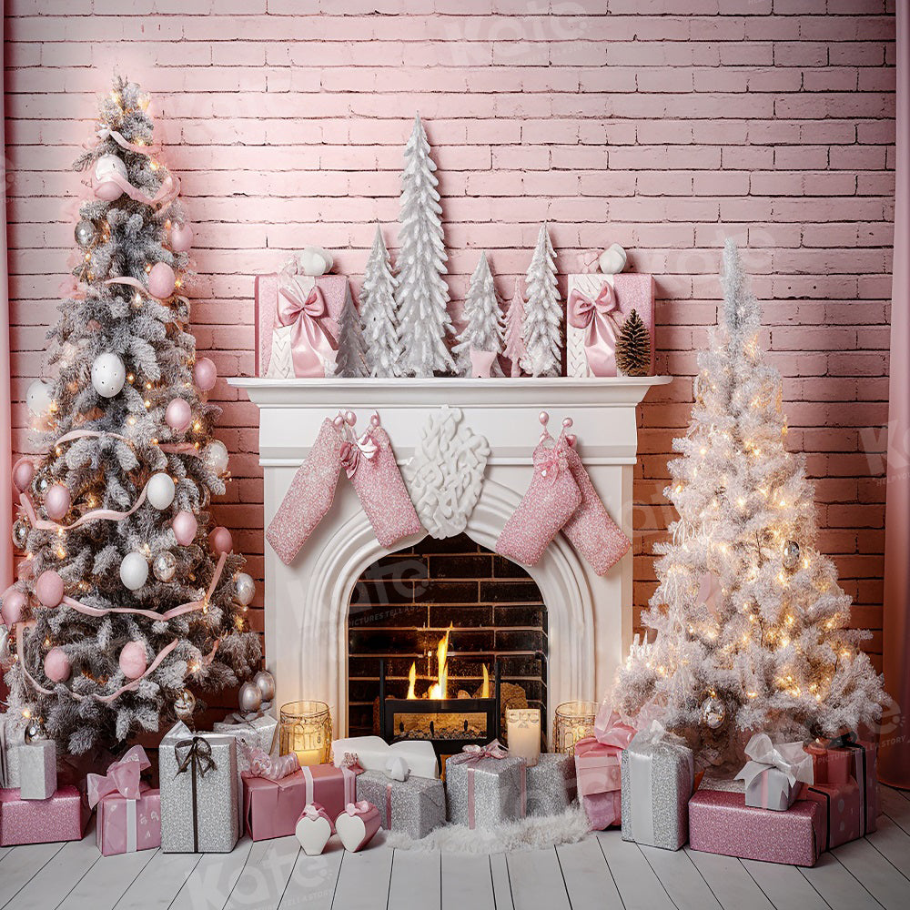 Kate Christmas Pink Room Fireplace Tree Wall Backdrop for Photography