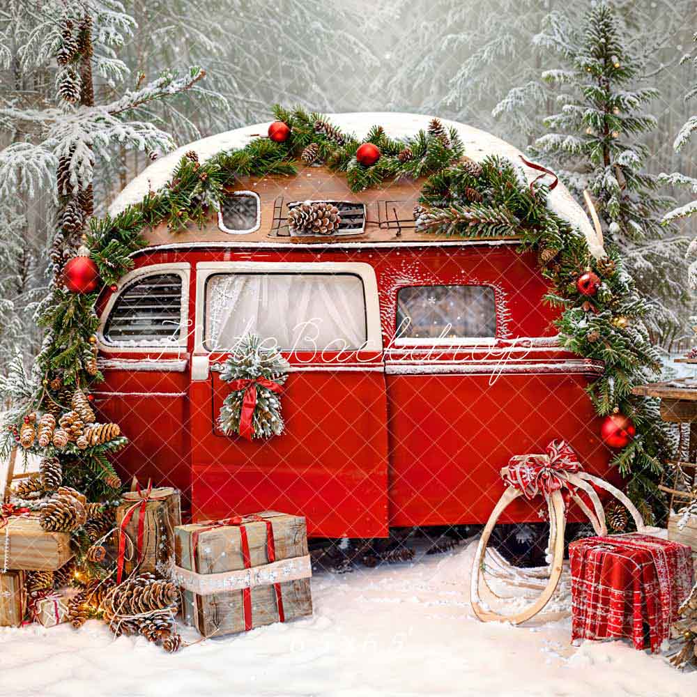 Kate Christmas Outdoor Camping Red Car Tent Trees Backdrop for Photography