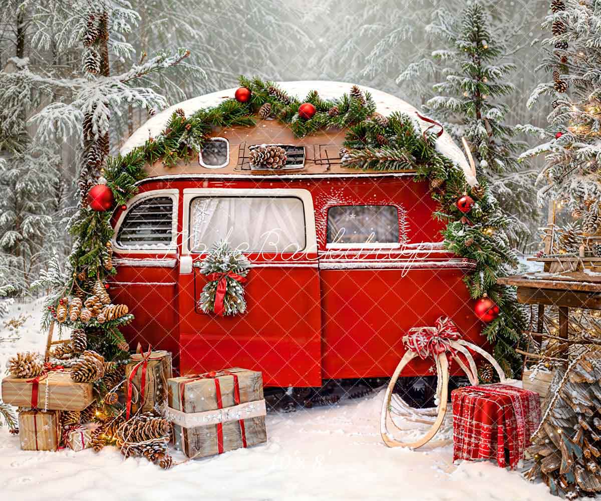 Kate Christmas Outdoor Camping Red Car Tent Trees Backdrop for Photography