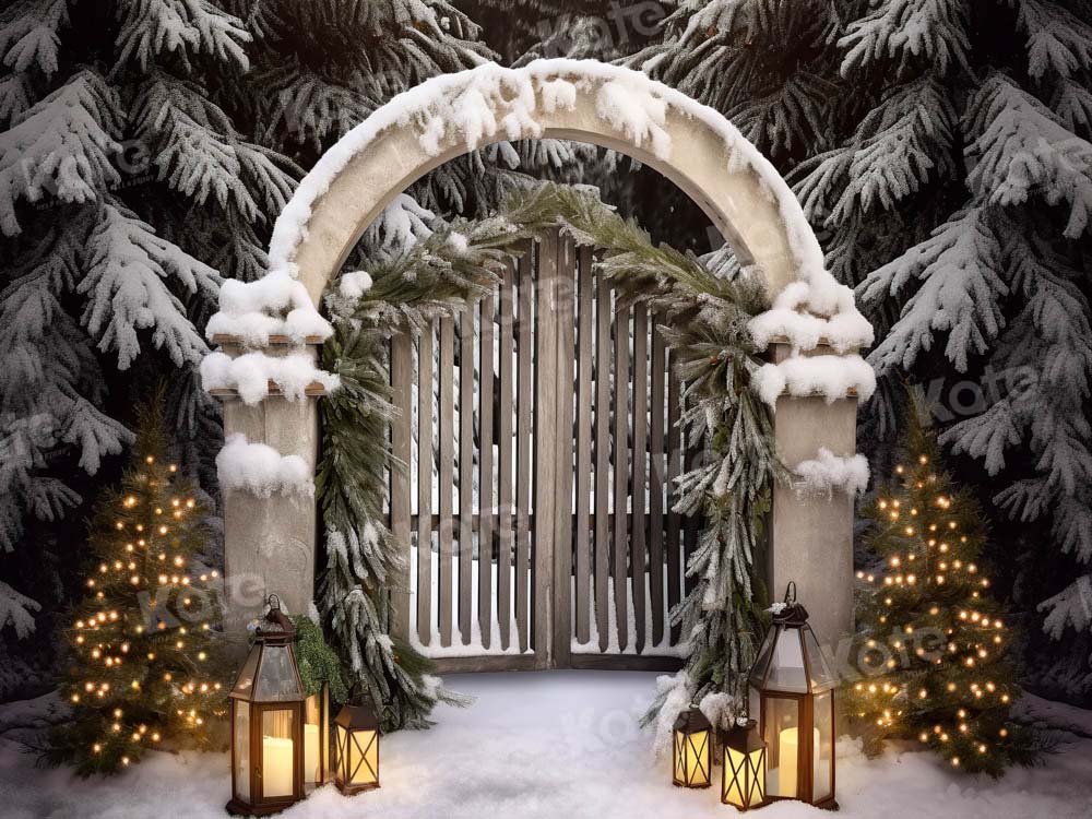 Kate Christmas Outdoor Snowy Gate Tree Light Backdrop Designed by Chain Photography
