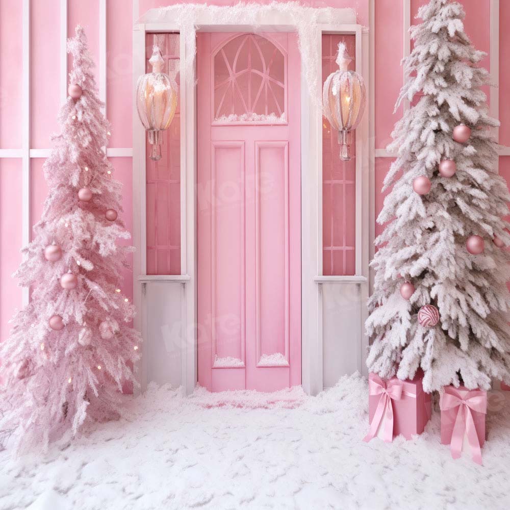 Kate Christmas Pink Door House Tree Backdrop Designed by Chain Photography
