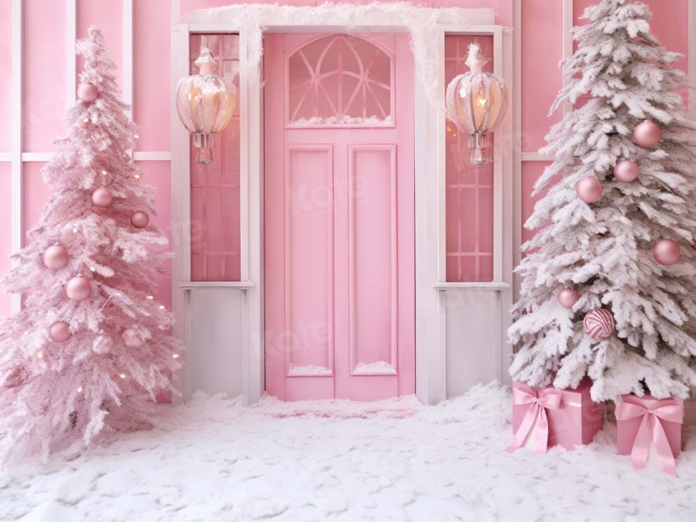 Kate Christmas Pink Door House Tree Backdrop Designed by Chain Photography
