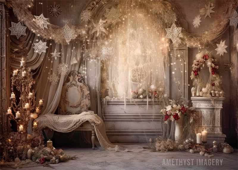 Kate Rustic Floral Winter Snowflake Room Christmas Backdrop Designed by Angela Miller