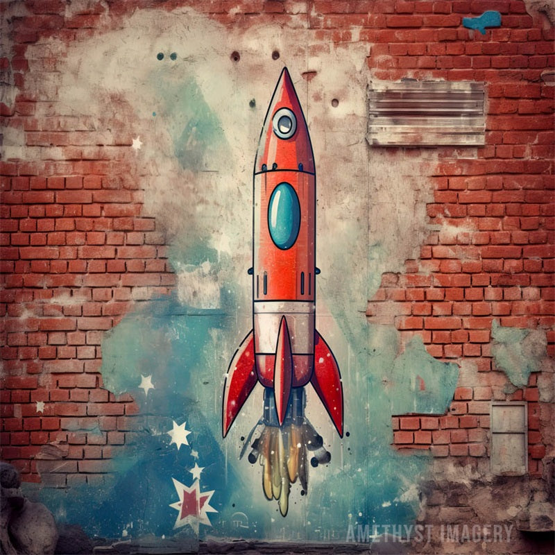 Kate Rocketship Painted Brick Wall Backdrop Designed by Angela Miller