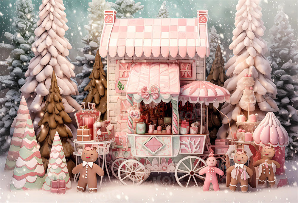 Kate Christmas Snowy Pink Shop Cart Gingerbread Man Backdrop for Photography
