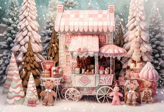 Kate Christmas Snowy Pink Shop Cart Gingerbread Man Printed Backdrop for Photography