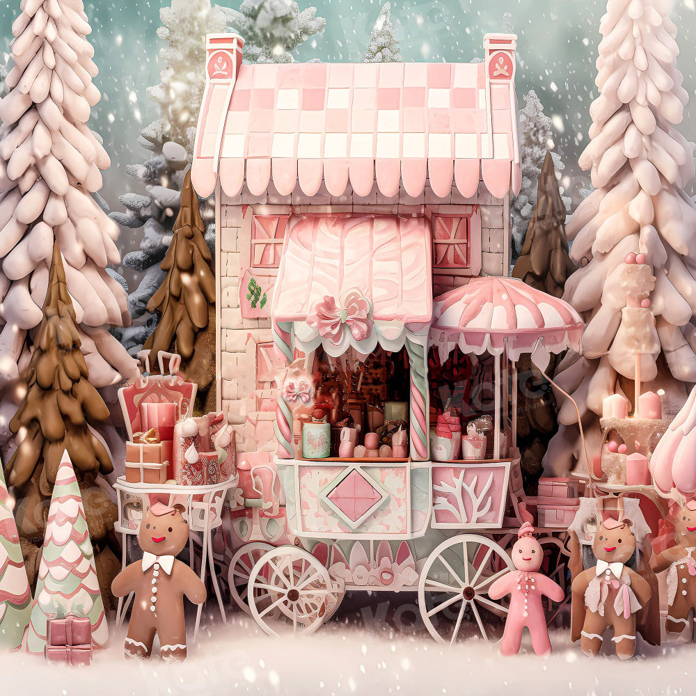 Kate Christmas Snowy Pink Shop Cart Gingerbread Man Backdrop for Photography