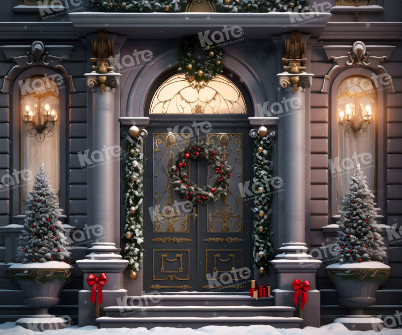 Kate Christmas Vintage Door Snow Yard Backdrop for Photography