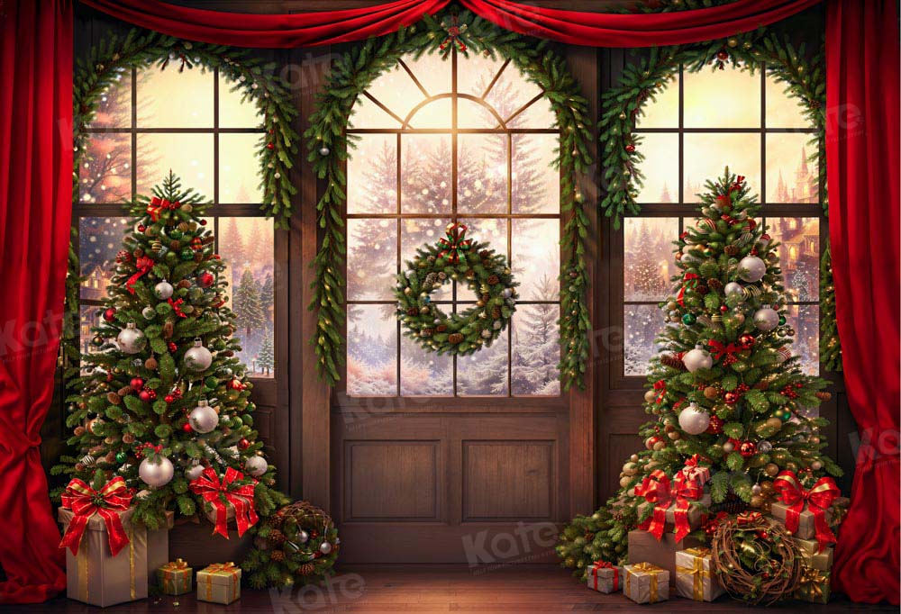 Kate Christmas Tree Window Red Curtain Backdrop Designed by Chain Photography