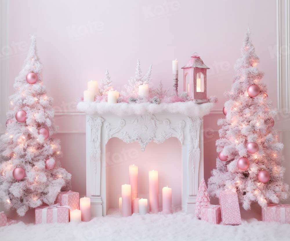 Kate Pink Christmas Tree Fireplace Backdrop Designed by Chain Photography