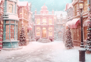 Kate Pink Christmas Snowy Town Candy Printed Backdrop for Photography