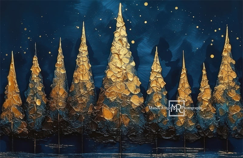Kate Blue and Gold Painted Holiday Trees Backdrop Designed by Mandy Ringe Photography